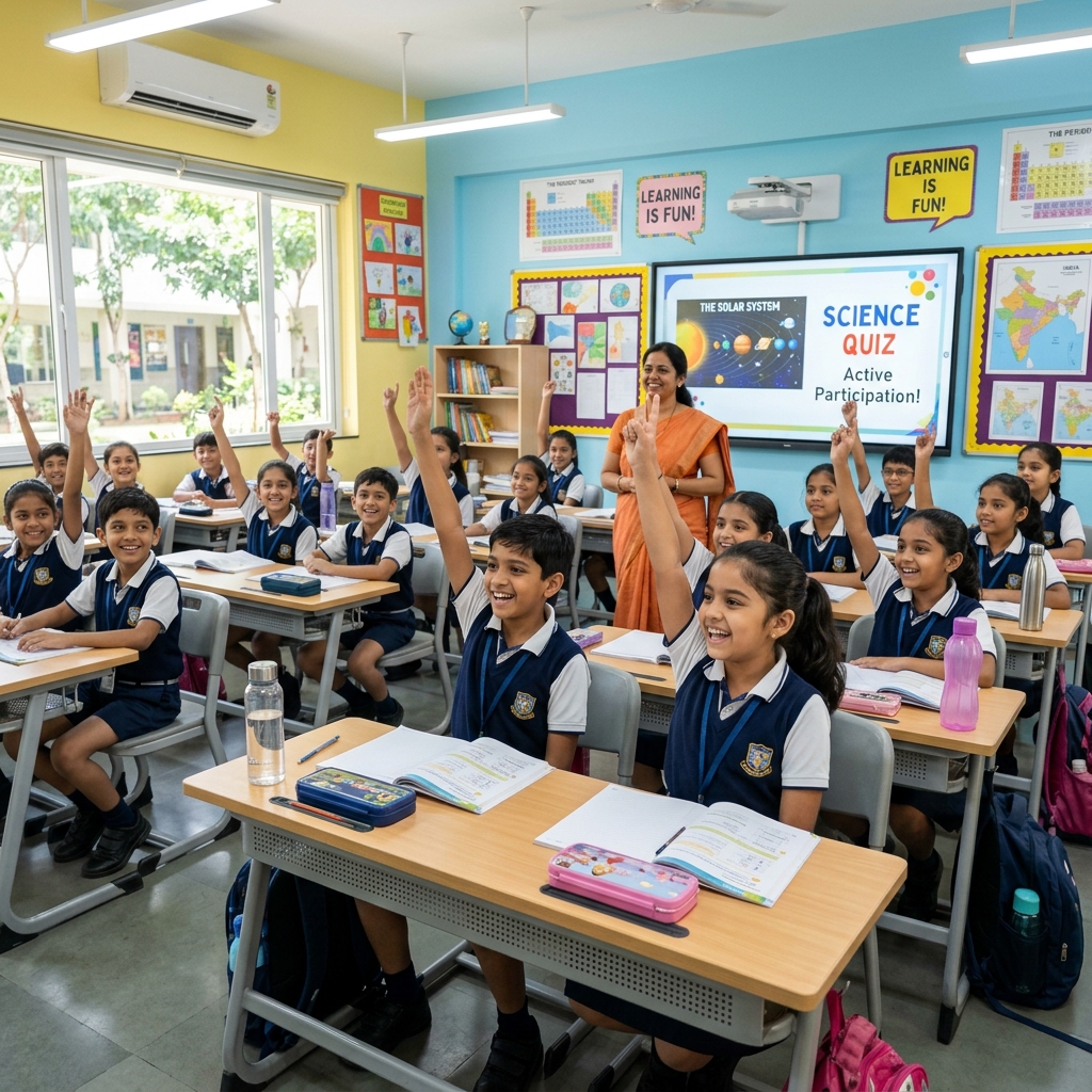 Students actively raising hands in P.S. Classes